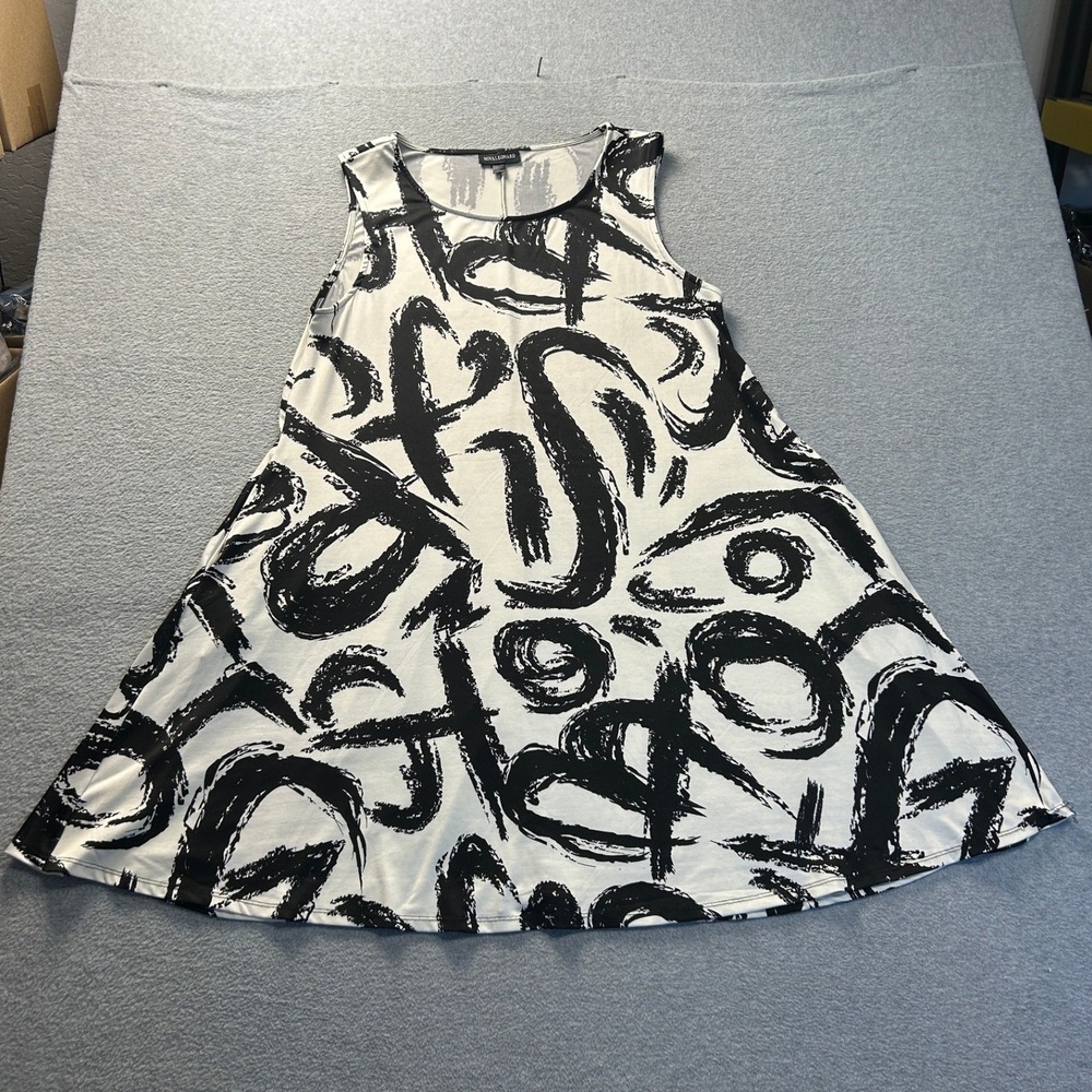 Nina Leonard A-Line Swing Dress Womens XL Black White Abstract Print Sleeveless